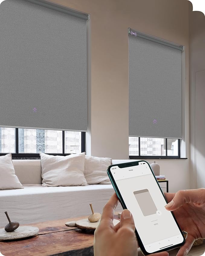 Graywind Smart Roller Shades 100% Blackout Window Blinds with APP Control Customized Automatic Shades for Home and Office(37" Wx72 H,Grey)