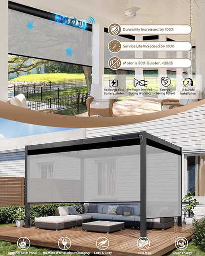 Kincmo Motorized Outdoor Shades for Patio Porch, Custom Outdoor Motorized Blinds with Remote, Waterproof & Windproof Patio Shades Work with Apple Homekit,Alexa,Google (3% Openness White Grey)