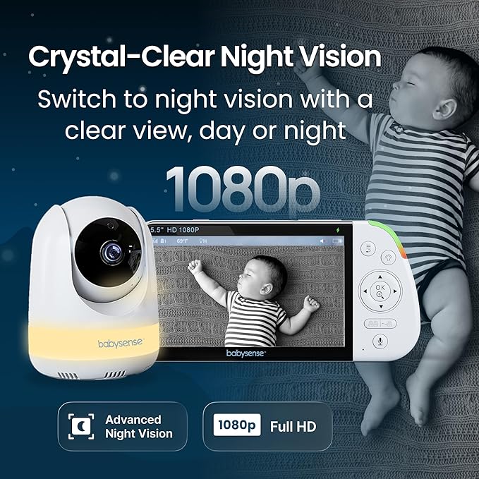 Babysense PRO Full HD 5.5" Split Screen Baby Monitor with Camera and Audio, 6-Color Night Light, White Noise, Sound & Light Machine, 20-Hour Battery, Hack-Proof Non-WiFi Secure Connection