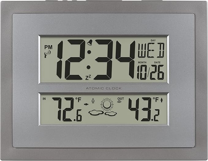 La Crosse Technology 512-85937 Gray Atomic Digital Clock with Temperature | Color: Gray/Silver, Forecast, Atomic Time, DST reset, Crescendo Alarm, Wireless 330ft range transmits Outdoor temperature