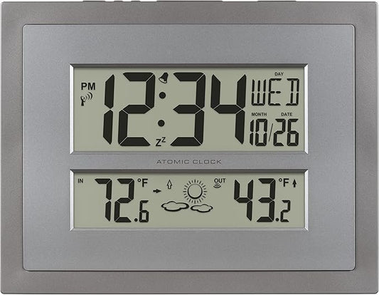 La Crosse Technology 512-85937 Gray Atomic Digital Clock with Temperature | Color: Gray/Silver, Forecast, Atomic Time, DST reset, Crescendo Alarm, Wireless 330ft range transmits Outdoor temperature