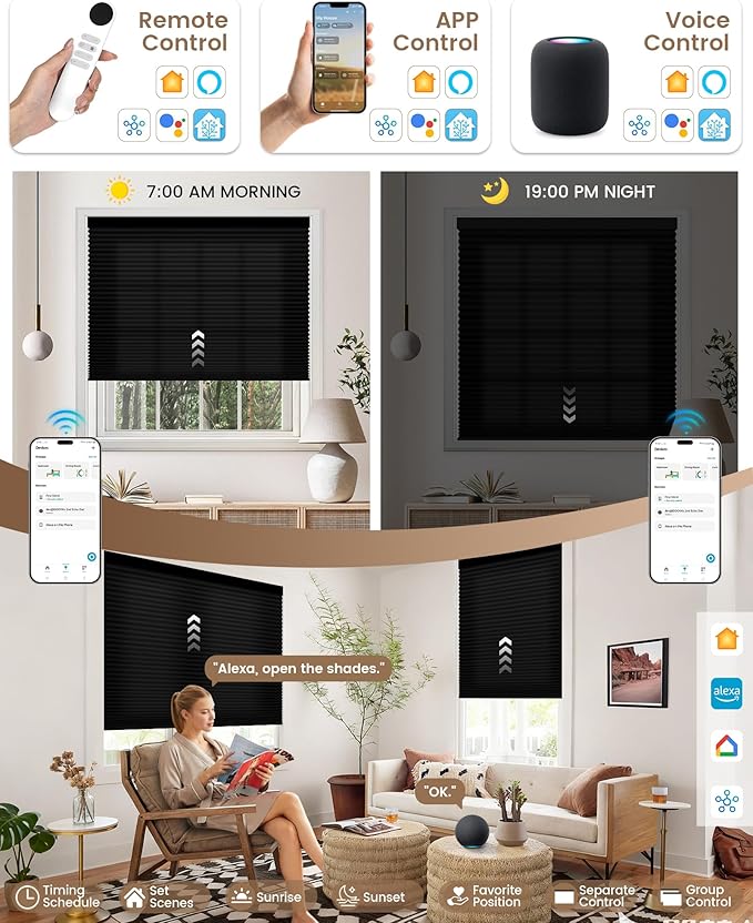 Kincmo Motorized Cellular Shades, Custom Motorized Blinds with Remote, Cordless Smart Electric Honeycomb Blinds Work with Apple HomeKit, Alexa, Google (75%-Blackout-Single-Cell Black)