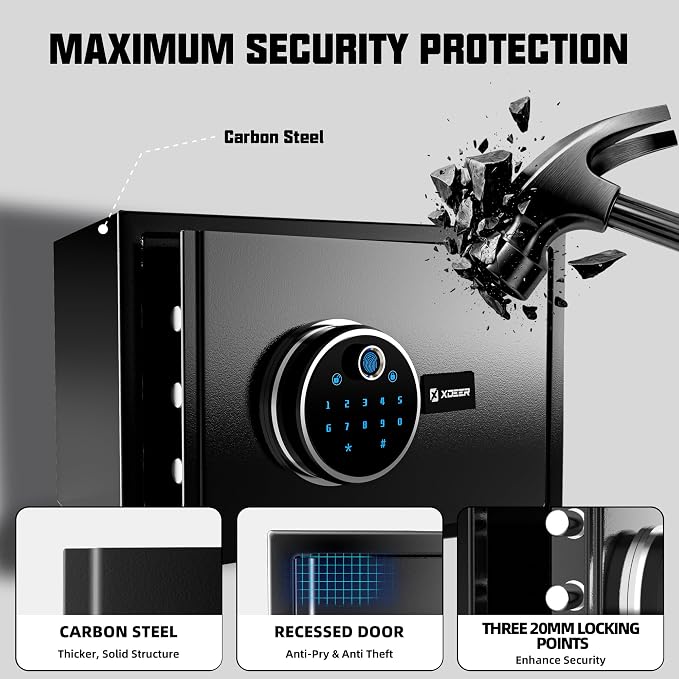 XDeer Biometric Safe with Fireproof Bag, 0.78 CuFt Small Safe with APP | Fingerprint/APP/Backlit Keypad/Keys, LED Light, Adjustable Shelf, Money Safe Box, Smart Home Safe for Cash/Jewelry/Document