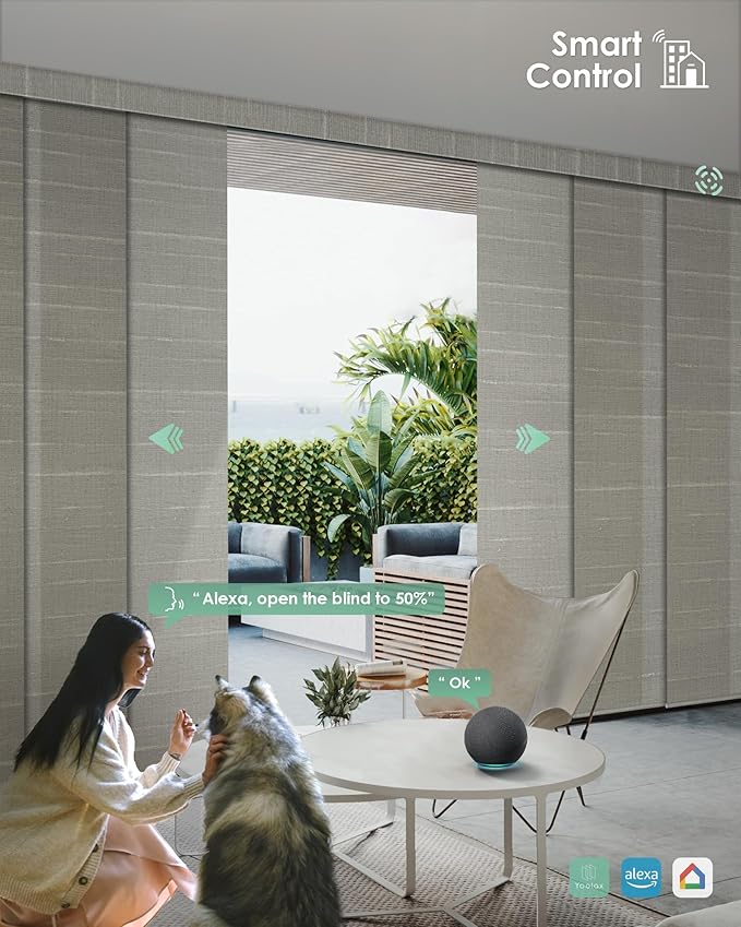 Yoolax Custom XL Smart Sliding Door Blinds, Motorized Sliding Panel Blinds Compatible with Alexa, Fabric Shading Vertical Rechargeable Battery Shades for Glass Doors(Half Shading Woven Dune Yellow)