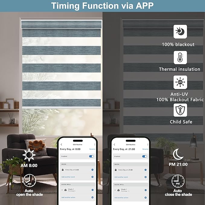 Bringnox Smart Motorized Zebra Roller Blinds - 85% Blackout, Remote Control, Works with HomeKit, Google Home & Alexa via Hub, Custom Size
