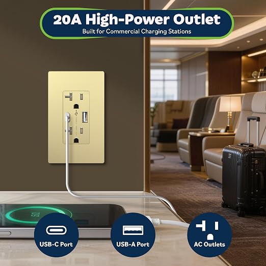 TOPGREENER 2-Port USB Outlets, 4.2A Type A&C USB Wall Outlet, Gold, 2 Pack | UL Listed, 20 Amp Tamper Resistant Receptacle, USB Outlets Receptacles, Charging Power Outlet, Wall Plate Included