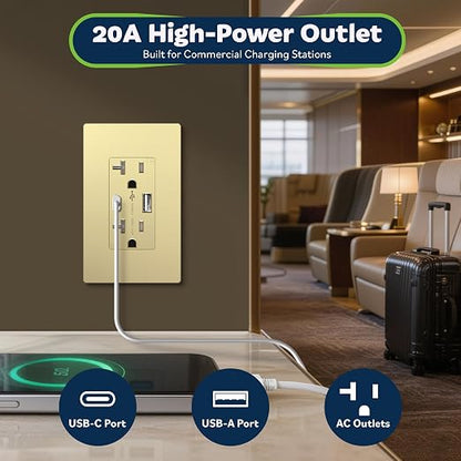 TOPGREENER 2-Port USB Outlets, 4.2A Type A&C USB Wall Outlet, Gold, 2 Pack | UL Listed, 20 Amp Tamper Resistant Receptacle, USB Outlets Receptacles, Charging Power Outlet, Wall Plate Included