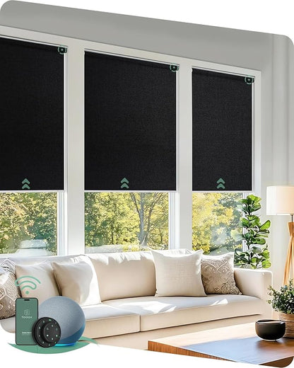 Yoolax Motorized Blinds with Remote, 100% Blackout Smart Roller Shades Work with Alexa, Google, Apple Homekit, Custom Automatic Shades with Voice Control for Bedroom Office (Fabric Black)