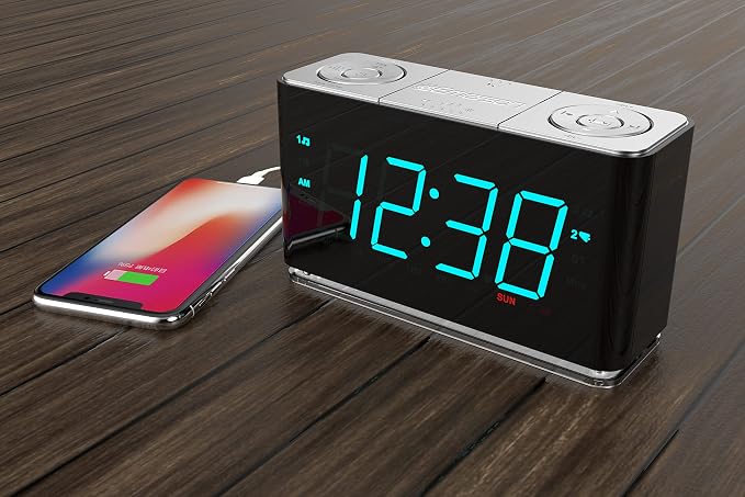 Emerson Smartset Alarm Clock Radio with Bluetooth Speaker with USB Port for iPhone/iPad/iPod/Android and Tablets, 1.4" Cyan LED Display and Night Light, ER100301