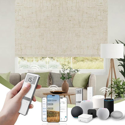 FineTell Motorized Blinds with Remote, 100% Blackout Roller Shades Compatible with Alexa,Apple Homekit,Google Home APP and Voice Control, Customized Electric Blinds (100% Blackout Linen Stone)