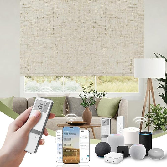 FineTell Motorized Blinds with Remote, 100% Blackout Roller Shades Compatible with Alexa,Apple Homekit,Google Home APP and Voice Control, Customized Electric Blinds (100% Blackout Linen Stone)