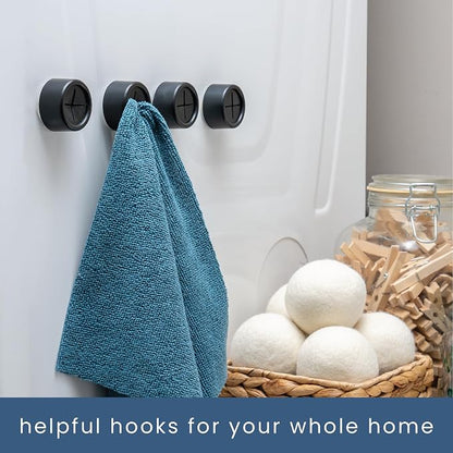 S&T INC. Adhesive Push Towel Hooks, 4 Pack, Matte Black | 2 Installation Options, Round Hooks for Kitchen, Bathroom, Garage and Home Use, Organization Hooks, Strong Grip