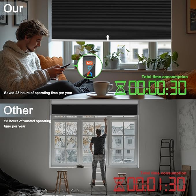 BERISSA Motorized Cellular Shades, Blackout Smart Honeycomb Blinds with Remote Control & Hub, Custom Room Darkening Automatic Cellular Window Blinds for Home Office, Living Room, Door,Black