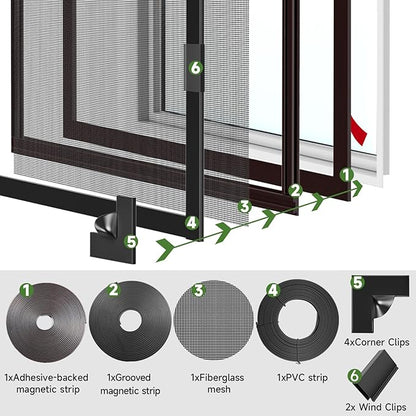 HOFUDON Window Screen Adjustable Magnetic Window Screen Replacement Max 39” x 59”, DIY Fiberglass Mesh Window Screens for House Windows Black Frame Grey Mesh