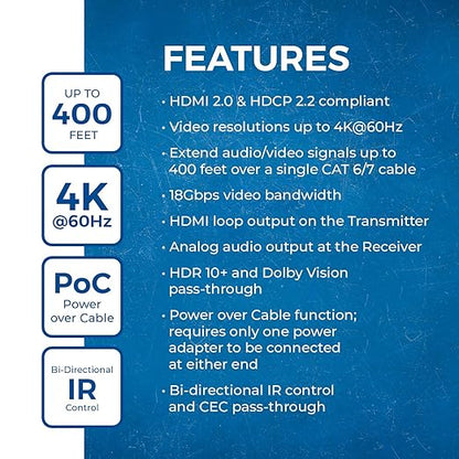 OREI 4K HDMI over Ethernet Extender Balun - HDBaseT UltraHD 4K @ 60Hz 4:4:4 CAT5e/6/7 Cable with HDR, CEC & IR Control, RS-232 Up to 400 Ft Loop Out POC Audio Out (UHD-EXB400R-K)