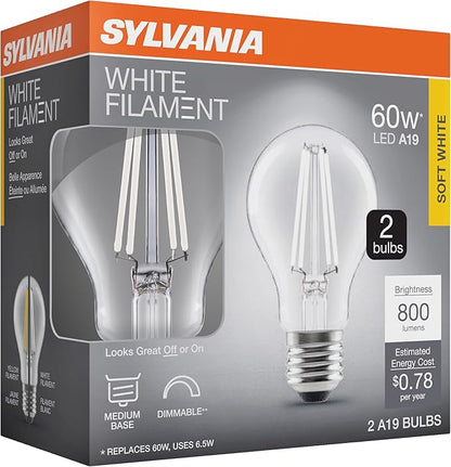 Sylvania A19 Clear LED White Filament Bulb, 6.5W, Dimmable, 800 LMS, Medium Base, 2700K, Soft White - 2 Pack (42170)