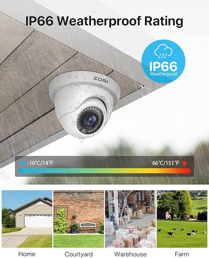 ZOSI 4Pack 2MP 1080P HD Security Cameras, 80ft Night Vision, IP66 Weatherproof, Indoor Outdoor Home CCTV Dome Camera for 1080P/5MP/4K HD-TVI Analog DVR Surveillance System