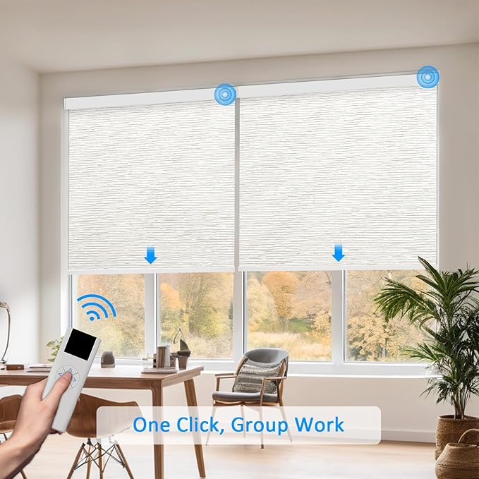 Motorized Blinds with Remote Cordless Automatic Motorized Shades Custom Blinds for Windows Smart Curtains Compatible with Alexa Google Home(Light Filtering Jacquard Beige,W46 x H72in)