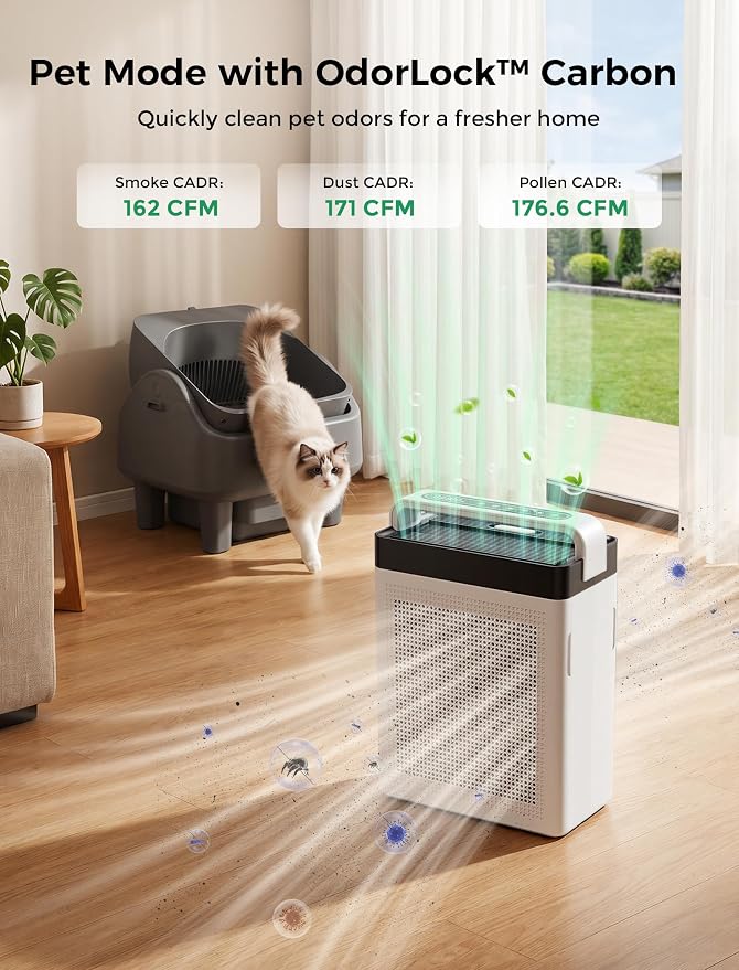 Portable Air Purifier for Home Large Room 2500 Ft², Carry Handle, Dual Intake Capture Pet Hair, High Activated Carbon, Washable Pre-Filter, HEPA Air Cleaner for Odor, Dander, Fur, Pollen