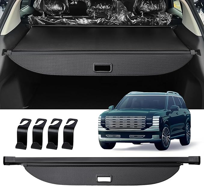 AUXKO Retractable Cargo Cover for Hyundai Palisade 2026 with 4PCS Headrest Hooks, Trunk Cargo Cover Luggage Security Shade Cover Shielding Shade Anti-Peeping Luggage Privacy Screen, Carbon Fiber