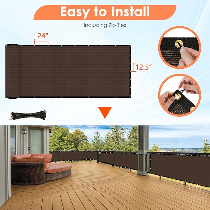 iCover 5x25ft Privacy Screen Fence, Outdoor Fencing Panels, Garden Windscreen Mesh Shade Sail Net Barrier, Include Reinforced Bindings and Brass Grommets Cable Zip Ties, Brown