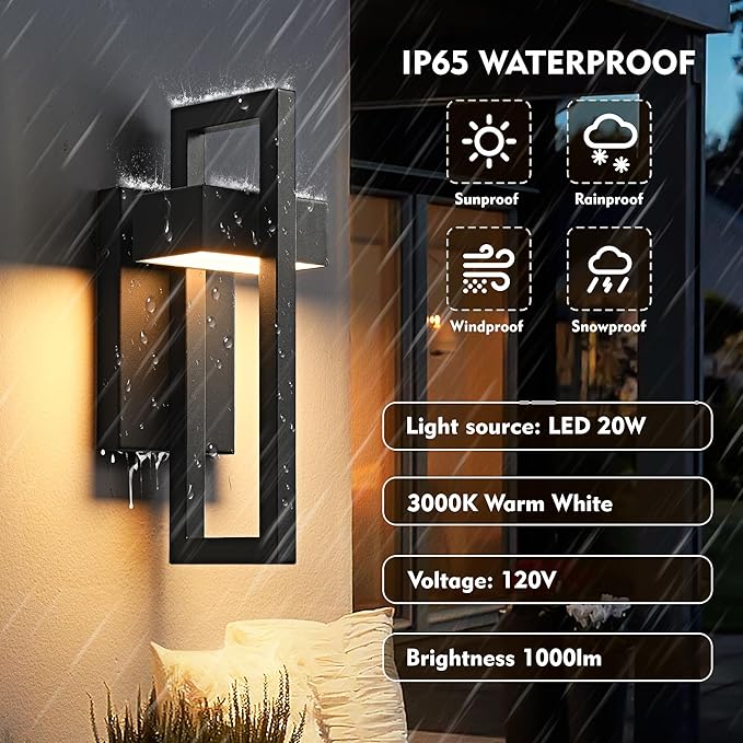 Outdoor Wall Lights Modern LED Exterior Lighting Fixtures, 3000K 20W Outdoor Wall Sconce for Porch, Matte Black Outside Wall Mount Lights for Front Door House Garage Indoor 2 Packs