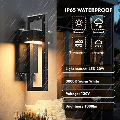 Outdoor Wall Lights Modern LED Exterior Lighting Fixtures, 3000K 20W Outdoor Wall Sconce for Porch, Matte Black Outside Wall Mount Lights for Front Door House Garage (1pack)