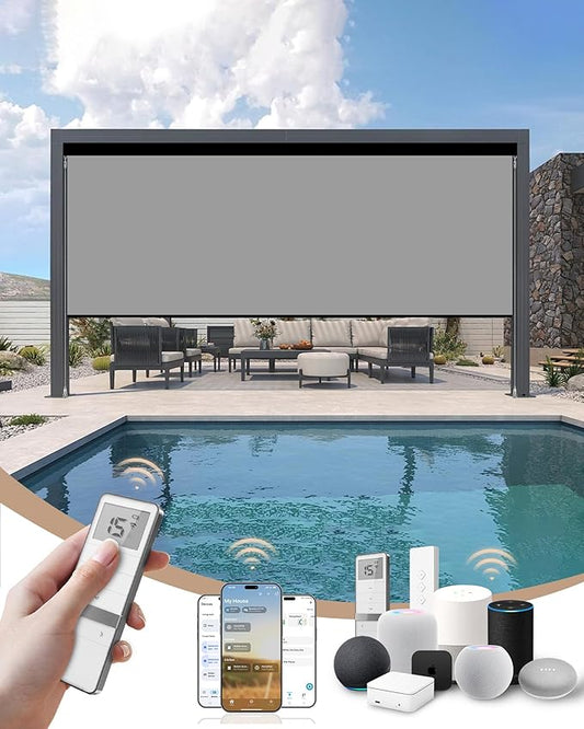 Kincmo Motorized Outdoor Shades for Patio Porch, Custom Outdoor Motorized Blinds with Remote, Waterproof & Windproof Patio Shades Work with Apple Home,Alexa,Google (0% Openness Grey)