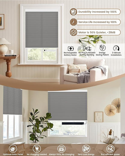 Kincmo Motorized Cellular Shades, Custom Motorized Blinds with Remote, Cordless Smart Electric Honeycomb Blinds Work with Apple HomeKit, Alexa, Google (75%-Blackout-Single-Cell Grey)