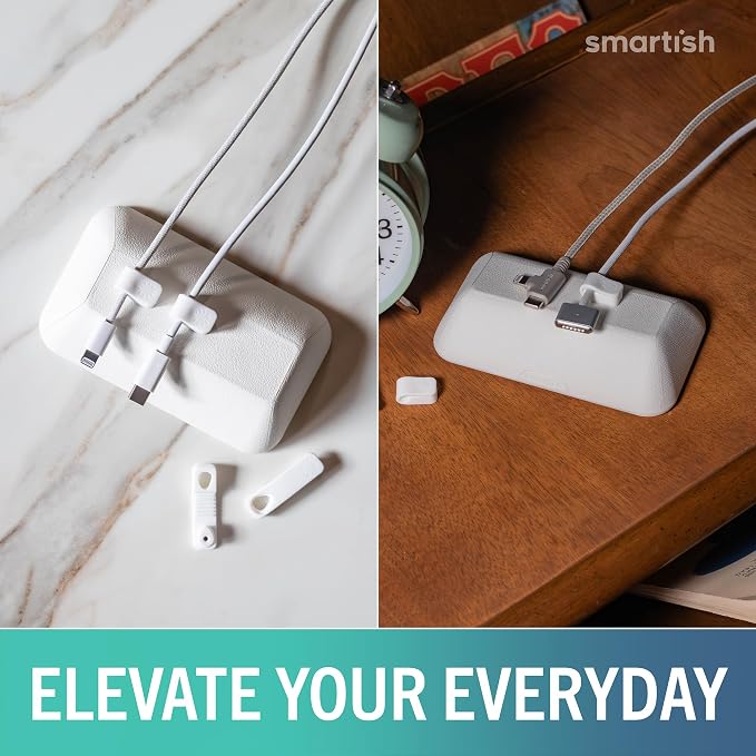 Smartish Magnetic Cord Holder, Bigger Cable Wrangler, Office Desk Organizer | Holds 8 Cords, 2 Cable Clips, Weighted Base, Charger Keeper, Phone Charging Cable Management, Nightstand Accessories, White