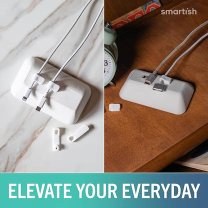 Smartish Magnetic Cord Holder, Bigger Cable Wrangler, Office Desk Organizer | Holds 8 Cords, 2 Cable Clips, Weighted Base, Charger Keeper, Phone Charging Cable Management, Nightstand Accessories, White