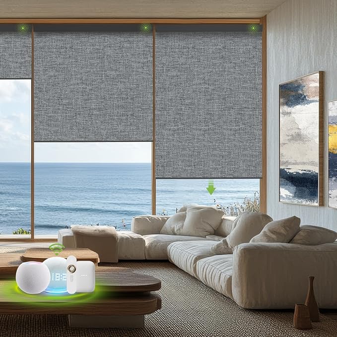 Motorized Blinds with Remote，100% Blackout Smart Blinds Motorized Roller Shades Compatible with Alexa Automatic Blinds for Windows Electric Window Blinds Customized Size Deep Gray Mist