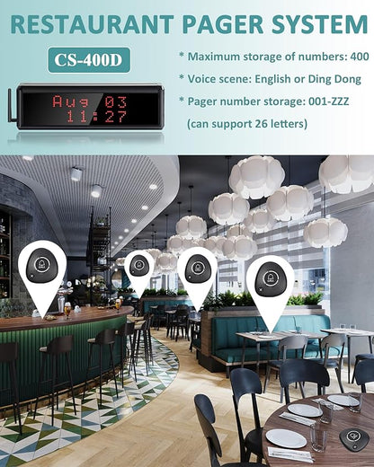 Restaurant Pager System 1600+ Ft Long Range Wireless Calling System with 2 Display Screens/30 Waterproof Call Buttons/2 Remote Controls/4 Watch Pagers/2 Signal Amplifiers