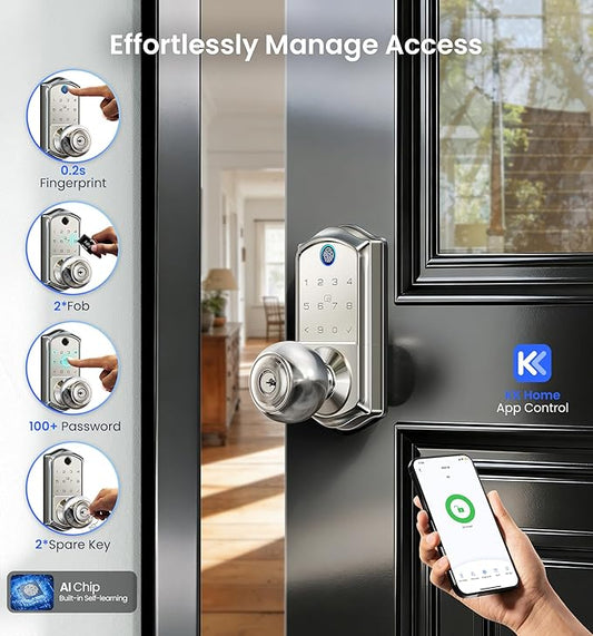 Veise VE018 Smart Knob Handle Lock - Fingerprint, App Control, Keyless Entry for Front Door and Bedroom, Electronic Digital Keypad, Auto Lock, Remote Access Sharing, IP55 Weatherproof, Satin Nickel