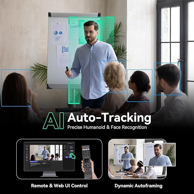 Tenveo 4K NDI PTZ Camera, AI Humanoid & Face Auto-Tracking, 20X Optical + 8X Digital Zoom, USB3.0/HDMI/LAN PoE IP Live Streaming for Church Worship Broadcast Events Video Conference YouTube OBS