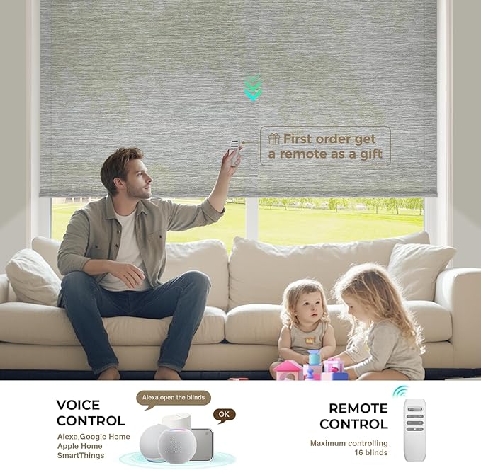 HeyBlinds Motorized Blinds with Remote, Smart Roller Shades with App & Voice Control, Work with Alexa Google HomeKit, Light Filtering Custom Shades for Living Room Office (Light Chaser-Silver Gray LF)