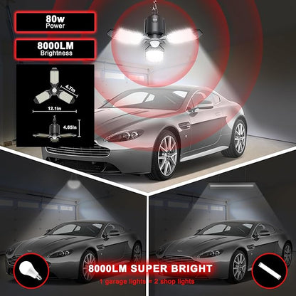 Motion Sensor Garage Light Plug in, 8000LM Shop Light 3 Modes, 3 Deformable LED Panels, 6500K Indoor Motion Sensor Light Bulb for Garage, Barn, Basement (2 Pack)