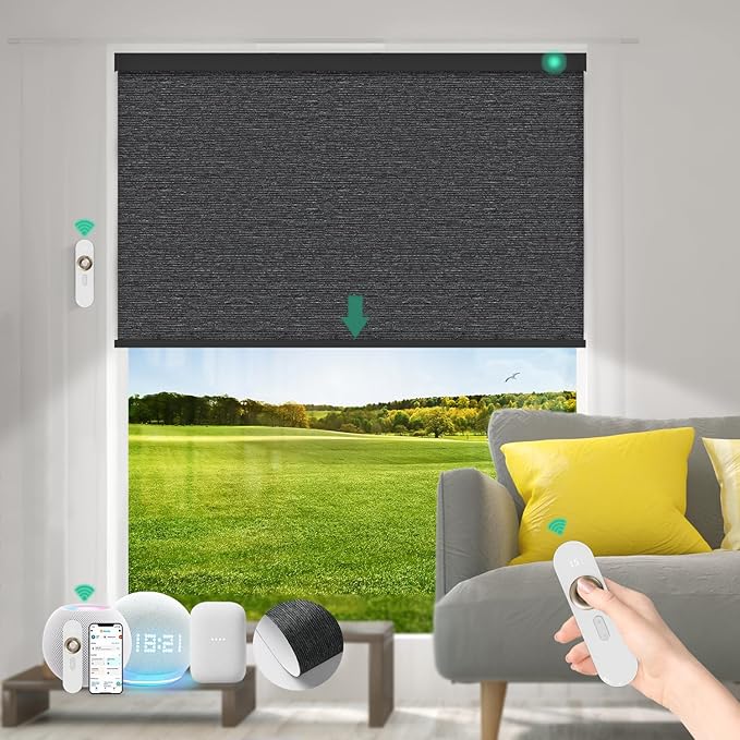 Motorized Blinds with Remote [100% Blackout & Silent Motor] Smart Blinds Compatible with Alexa Google HomeKit, Electric Roller Shades for Indoor Windows, Customized Size, Vail Black