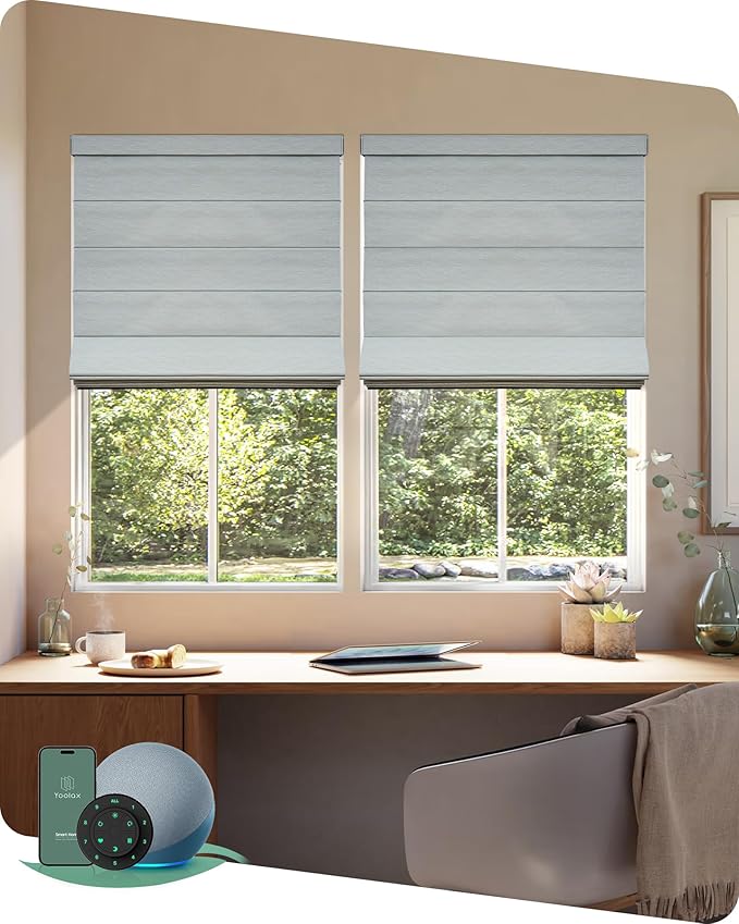Yoolax Motorized Roman Shades with Remote, Smart Roman Shades for Windows, Blackout Automatic Blinds Work with Alexa, Google, Apple Homekit for Living Room Bedroom, Customized (Foggy Thread)