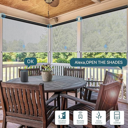 Motorized Outdoor Roller Shades,Patio Roll Up Blind Work with Alexa,Google Home,Apple Homekit,Remote Control Sun Shade,Waterproof &Windproof Smart Blinds for Porch,Sirus Light Grey,3% openess