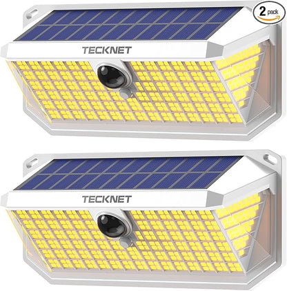 TECKNET 416 LED Solar Powered Outdoor Lights, 270° Angle & 3 Lighting Modes Motion Sensor Light Outdoor, Security Solar Lights Waterproof - 2 Pack, White Color & Warm Light