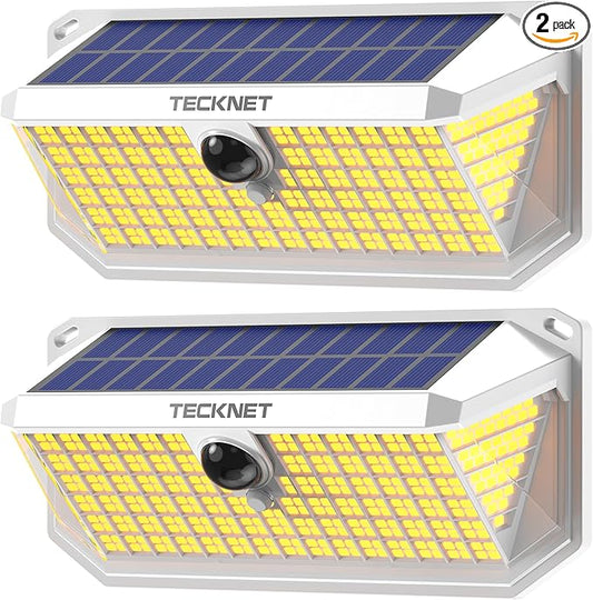 TECKNET 416 LED Solar Powered Outdoor Lights, 270° Angle & 3 Lighting Modes Motion Sensor Light Outdoor, Security Solar Lights Waterproof - 2 Pack, White Color & Warm Light
