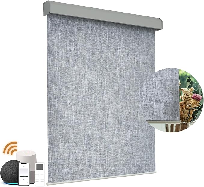 Motorized Light Filtering Roller Shades with Remote Control, Electric Smart Shades Compatible with Alexa and Google, Rechargeable, Customizable Size(Textured Bluish Grey)