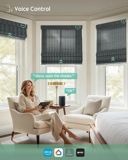 Yoolax Motorized Roman Shades with Remote, Smart Roman Shades for Indoor Windows, Light Filtering Automatic Blinds Work with Alexa, Google, Apple Homekit for Living Room, Customized (Strip Dark Grey)