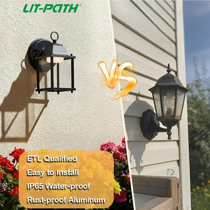 LIT-PaTH Outdoor LED Wall Lantern, Wall Sconce Exterior Porch Lighting Fixture, 3000K Warm White, 9.5W 800 Lumen, Aluminum Housing Plus Glass, Black Finish, 2-Pack