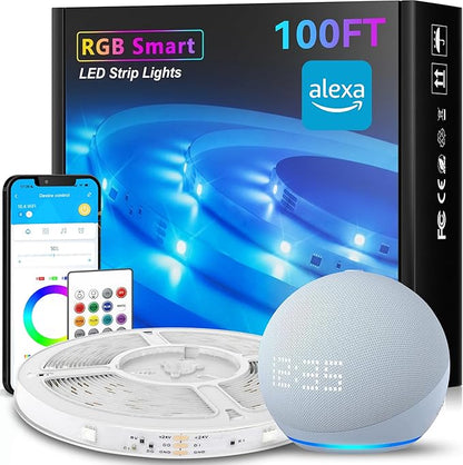 TJOY 100ft Smart Led Strip Lights for Bedroom, Compatible with Alexa and Google Assistant, RGB Color Changing, Wireless Music Sync Led Lights for Room Decor(APP+Remote+Voice)