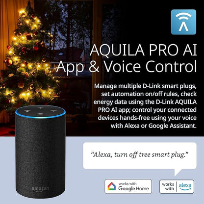 D-Link PM-01M Wi-Fi Smart Plug, Aquila PRO AI & Matter Supported, Compact Design, 15A/1800W Max, Energy Monitoring, Easy Bluetooth Setup, Works with Alexa & Google Home, Flame-Retardant, UL Certified