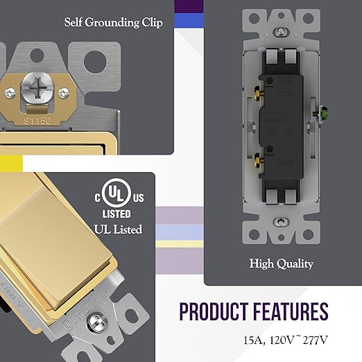 ENERLITES Elite Series Decorator Light Switch with Brushed Screwless Wall Plate, Single Pole, 3 Wire, Grounding Screw, Residential Grade, 15A 120V, UL Listed, 91150-GDWBP, Brush Gold with Wall Plate