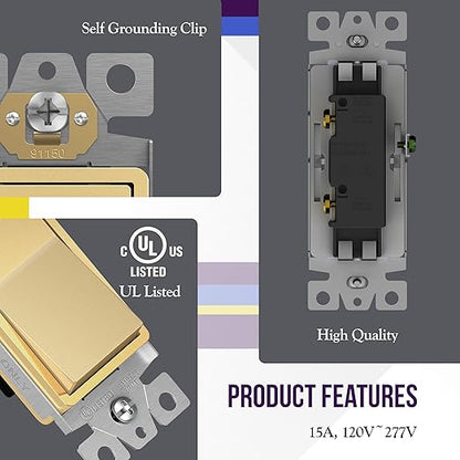 ENERLITES Elite Series Decorator Rocker Light Switch, 15A 120V/277V, Single Pole, Grounding Screw, Residential Grade, UL Listed, Brushed Wall Plates Included, 91150-GDWBP-10PCS, Gold Color (10 Pack)