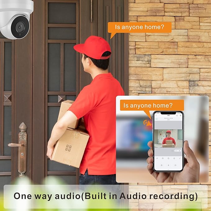 4K 8MP Security PoE IP Camera 80ft IR Night Vision Turret Dome Camera Outdoor with Microphone/Audio，2.8mm Fixed Lens，110°Wide Angle，IP66 Waterproof